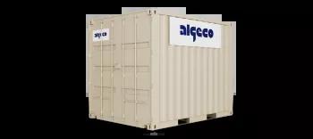 A 10ft shipping container with its doors closed, captured at an angle, showing the corrugated metal sides and secure lock mechanism.