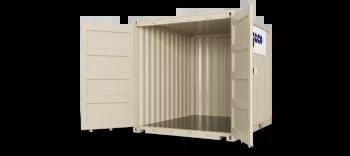 A 10ft shipping container with both doors open, captured at an angle to display both the open door and the container's exterior.