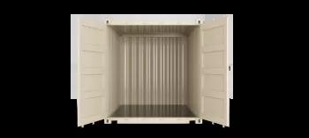 The inside view of a 10ft shipping container, showcasing its interior with metal walls and floor, seen from the front towards the back.