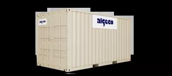 A 16ft shipping container with its doors closed, captured at an angle, showing the corrugated metal sides and secure lock mechanism.