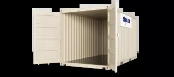 A 16ft shipping container with both doors open, captured at an angle to display both the open door and the container's exterior.