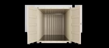 The inside view of a 16ft shipping container, showcasing its interior with metal walls and floor, seen from the front towards the back.