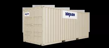 A 20ft shipping container with its doors closed, captured at an angle, showing the corrugated metal sides and secure lock mechanism.