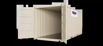 A 20ft shipping container with both doors open, captured at an angle to display both the open door and the container's exterior.