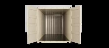 The inside view of a 20ft shipping container, showcasing its interior with metal walls and floor, seen from the front towards the back.