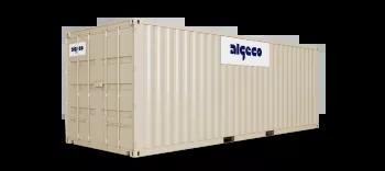 A 24ft shipping container with its doors closed, captured at an angle, showing the corrugated metal sides and secure lock mechanism.