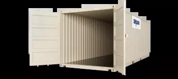 A 24ft shipping container with both doors open, captured at an angle to display both the open door and the container's exterior.