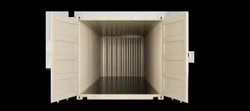 The inside view of a 24ft shipping container, showcasing its interior with metal walls and floor, seen from the front towards the back.