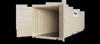 A 30ft shipping container with both doors open, captured at an angle to display both the open door and the container's exterior.