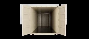 The inside view of a 30ft shipping container, showcasing its interior with metal walls and floor, seen from the front towards the back.