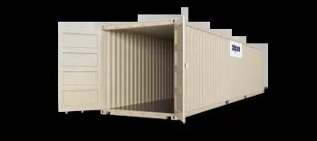 A 40ft shipping container with both doors open, captured at an angle to display both the open door and the container's exterior.