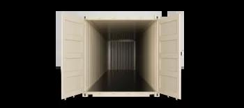 The inside view of a 40ft shipping container, showcasing its interior with metal walls and floor, seen from the front towards the back.