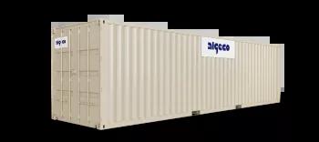A 32ft shipping container with its doors closed, captured at an angle, showing the corrugated metal sides and secure lock mechanism.