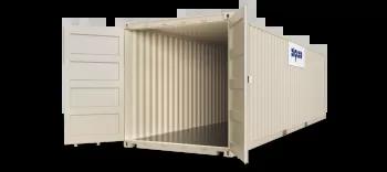 A 32ft shipping container with both doors open, captured at an angle to display both the open door and the container's exterior.