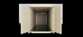 The inside view of a 32ft shipping container, showcasing its interior with metal walls and floor, seen from the front towards the back.