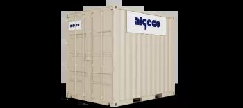 A 10ft high cube shipping container with its doors closed, captured at an angle, showing the corrugated metal sides and secure lock mechanism.