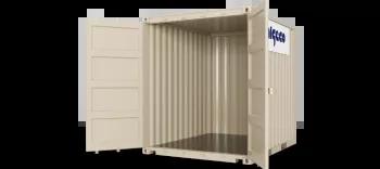 A 10ft high cube shipping container with both doors open, captured at an angle to display both the open door and the container's exterior.