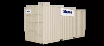 A 20ft high cube shipping container with its doors closed, captured at an angle, showing the corrugated metal sides and secure lock mechanism.