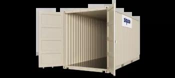 A 20ft high cube shipping container with both doors open, captured at an angle to display both the open door and the container's exterior.