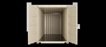 The inside view of a 20ft high cube shipping container, showcasing its interior with metal walls and floor, seen from the front towards the back.