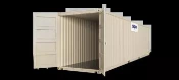 A 40ft high cube shipping container with both doors open, captured at an angle to display both the open door and the container's exterior.