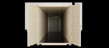 The inside view of a 40ft high cube shipping container, showcasing its interior with metal walls and floor, seen from the front towards the back.