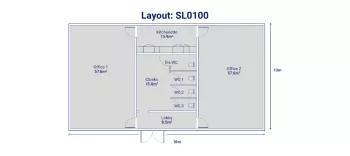 Single-storey building comprising of 2 open plan offices with lobby area, kitchenette and toilets