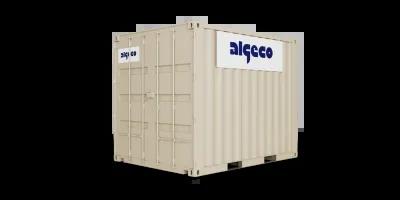 A 10ft shipping container with its doors closed, captured at an angle, showing the corrugated metal sides and secure lock mechanism.