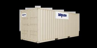 A 20ft shipping container with its doors closed, captured at an angle, showing the corrugated metal sides and secure lock mechanism.