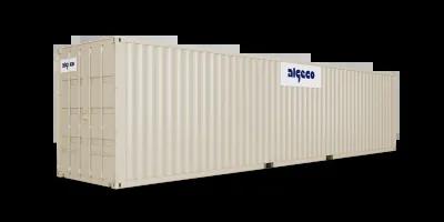 A 40ft high cube shipping container with its doors closed, captured at an angle, showing the corrugated metal sides and secure lock mechanism.