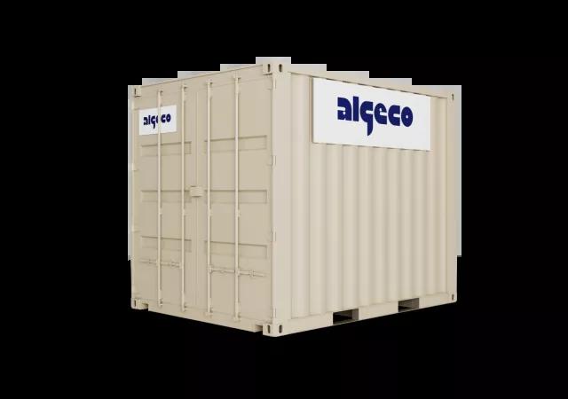 A 10ft shipping container with its doors closed, captured at an angle, showing the corrugated metal sides and secure lock mechanism.