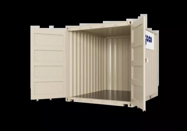 A 10ft shipping container with both doors open, captured at an angle to display both the open door and the container's exterior.