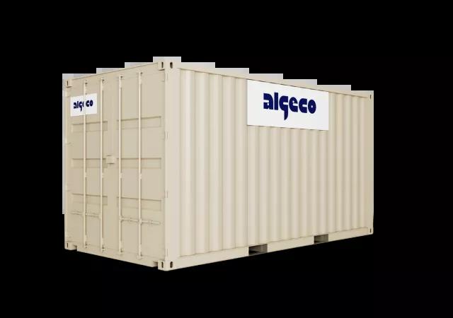 A 16ft shipping container with its doors closed, captured at an angle, showing the corrugated metal sides and secure lock mechanism.