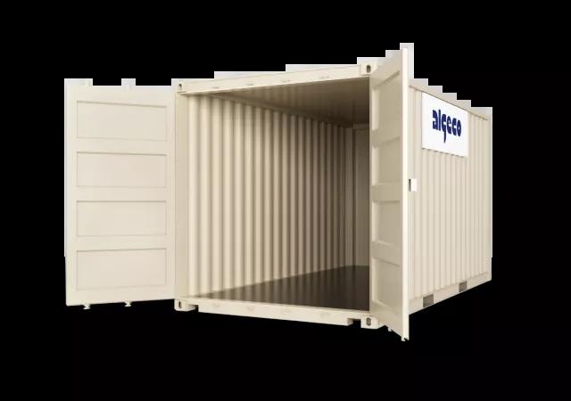 A 16ft shipping container with both doors open, captured at an angle to display both the open door and the container's exterior.