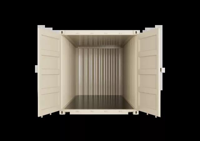 The inside view of a 16ft shipping container, showcasing its interior with metal walls and floor, seen from the front towards the back.