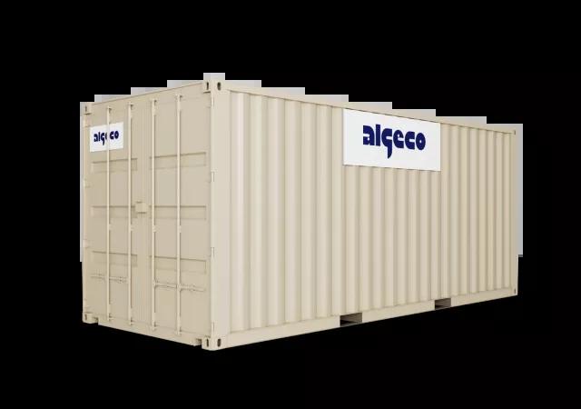 A 20ft shipping container with its doors closed, captured at an angle, showing the corrugated metal sides and secure lock mechanism.