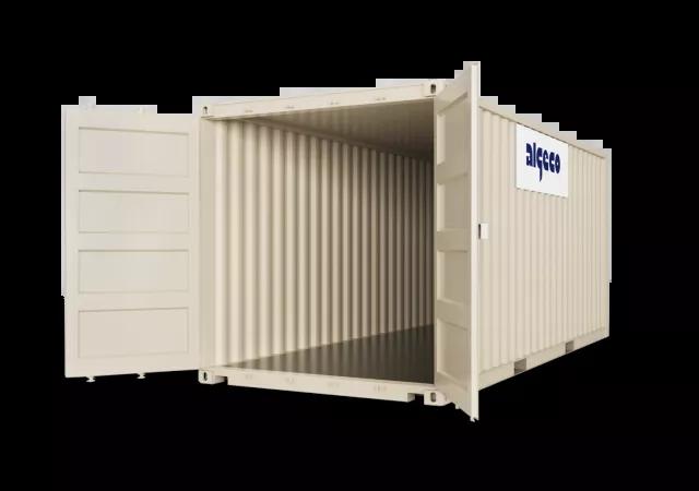 A 20ft shipping container with both doors open, captured at an angle to display both the open door and the container's exterior.