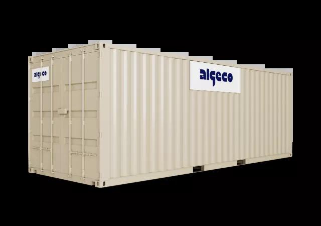 A 24ft shipping container with its doors closed, captured at an angle, showing the corrugated metal sides and secure lock mechanism.