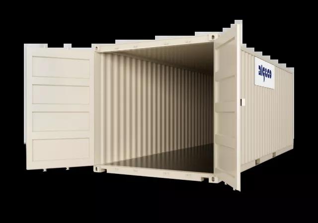 A 24ft shipping container with both doors open, captured at an angle to display both the open door and the container's exterior.