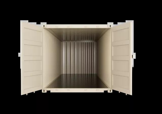 The inside view of a 24ft shipping container, showcasing its interior with metal walls and floor, seen from the front towards the back.