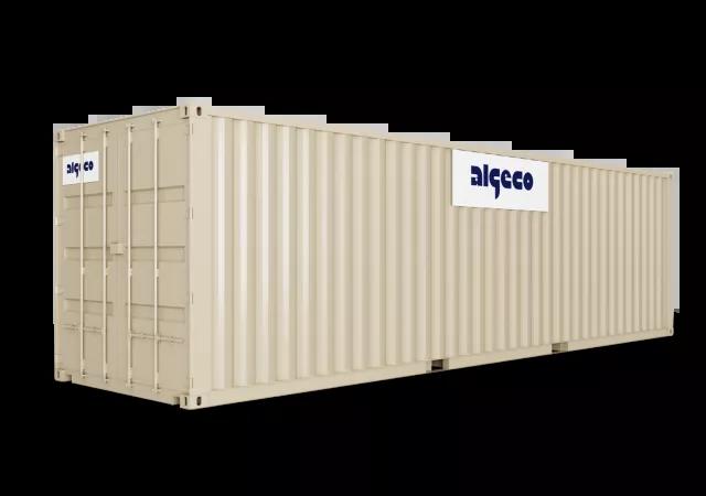 A 30ft shipping container with its doors closed, captured at an angle, showing the corrugated metal sides and secure lock mechanism.