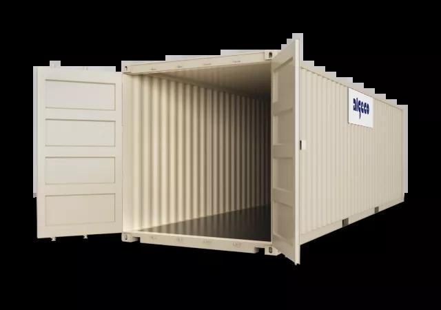 A 30ft shipping container with both doors open, captured at an angle to display both the open door and the container's exterior.