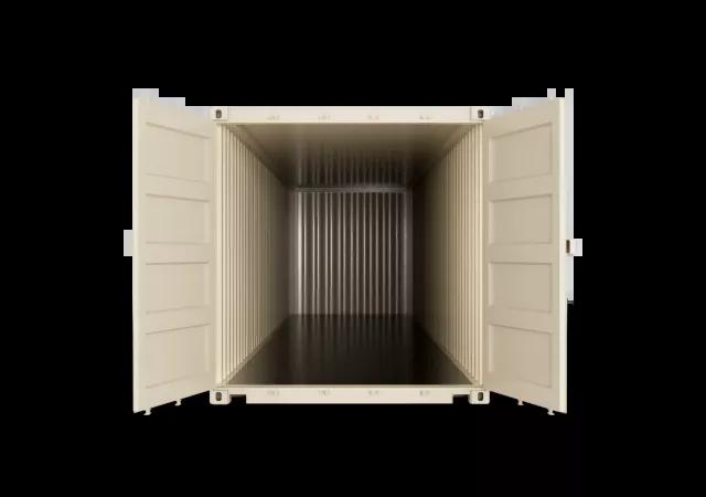 The inside view of a 30ft shipping container, showcasing its interior with metal walls and floor, seen from the front towards the back.