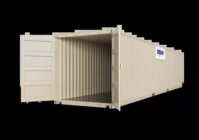 A 40ft shipping container with both doors open, captured at an angle to display both the open door and the container's exterior.