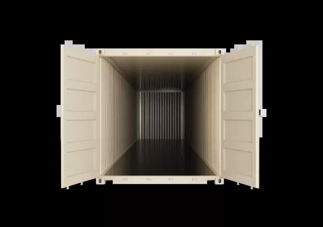 The inside view of a 40ft shipping container, showcasing its interior with metal walls and floor, seen from the front towards the back.
