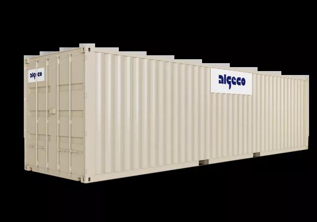 A 32ft shipping container with its doors closed, captured at an angle, showing the corrugated metal sides and secure lock mechanism.