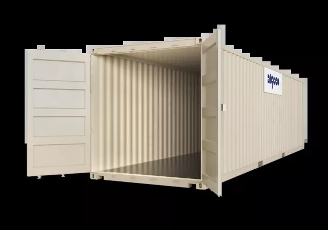 A 32ft shipping container with both doors open, captured at an angle to display both the open door and the container's exterior.