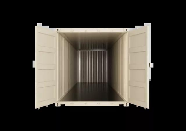 The inside view of a 32ft shipping container, showcasing its interior with metal walls and floor, seen from the front towards the back.