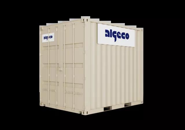 A 10ft high cube shipping container with its doors closed, captured at an angle, showing the corrugated metal sides and secure lock mechanism.
