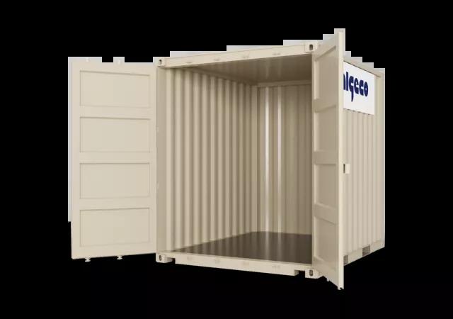 A 10ft high cube shipping container with both doors open, captured at an angle to display both the open door and the container's exterior.